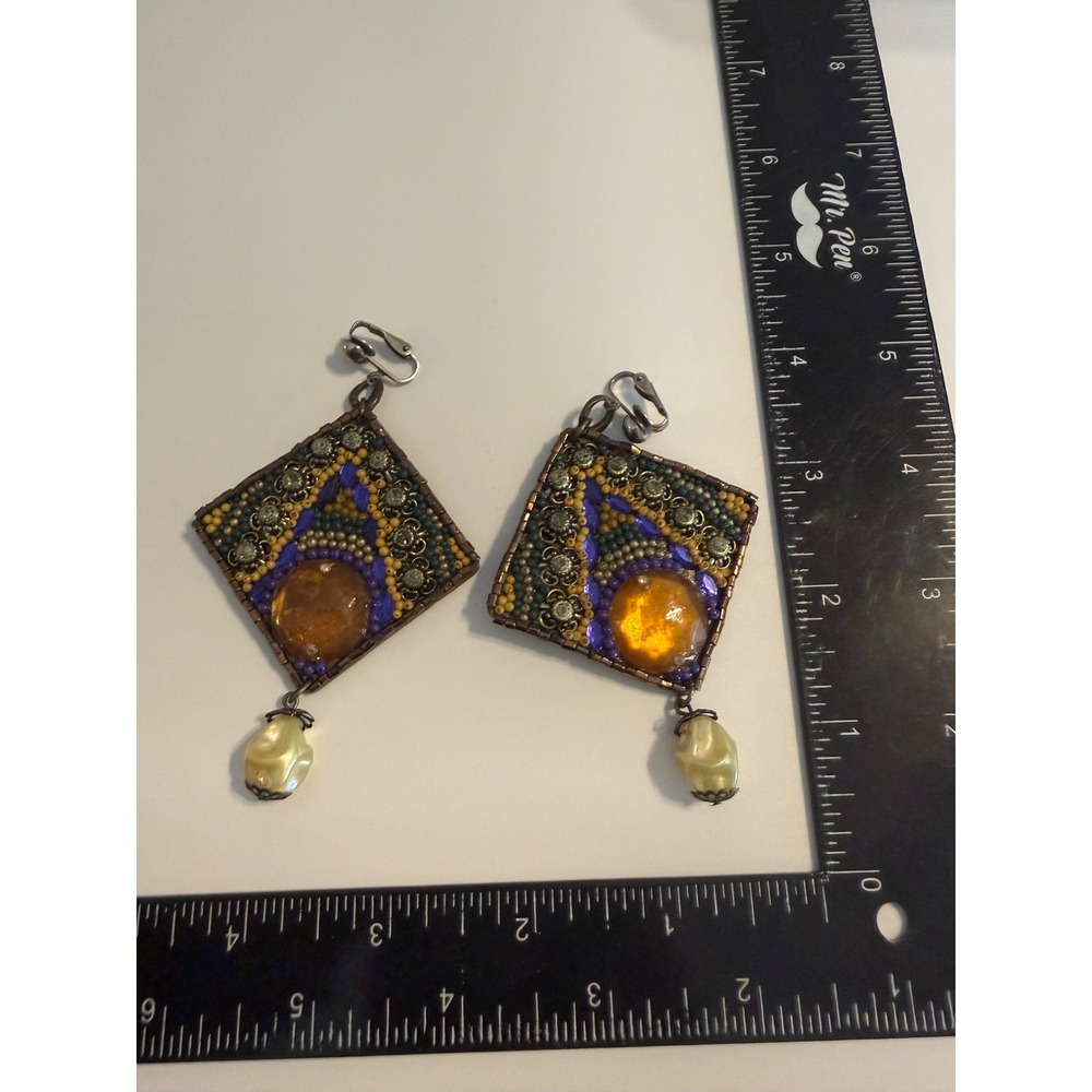 Bohemian Beaded Clip On Earrings Amber Purple Gold Diamond Shape Pearl Drop